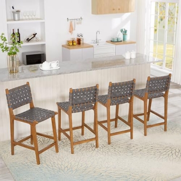 Ball & Cast Faux Leather Woven Counter Height Stool Kitchen Wooden Barstools, 24 inch Seat Height, Dark Grey