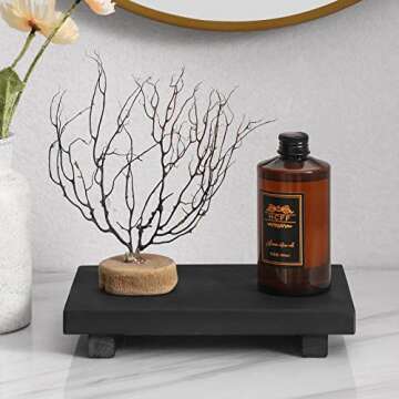 Small Wood Tray Pedestal Stand Farmhouse Bathroom Decor Decorative Wooden Riser Kitchen Soap Dish Holder for Vanity, Counter, Sink, 9" x 5.9" - Black