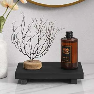 Small Wood Tray Pedestal Stand Farmhouse Bathroom Decor Decorative Wooden Riser Kitchen Soap Dish Holder for Vanity, Counter, Sink, 9" x 5.9" - Black