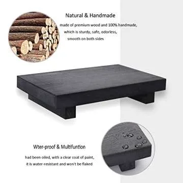 Small Wood Tray Pedestal Stand Farmhouse Bathroom Decor Decorative Wooden Riser Kitchen Soap Dish Holder for Vanity, Counter, Sink, 9" x 5.9" - Black