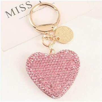 Valentine's Day Rhinestone Heart Keychain Bling Sparkling Key Ring for Women Car Purse Deco Christmas Gift -Pink