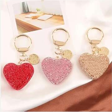 Valentine's Day Rhinestone Heart Keychain Bling Sparkling Key Ring for Women Car Purse Deco Christmas Gift -Pink