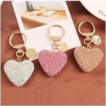 Valentine's Day Rhinestone Heart Keychain Bling Sparkling Key Ring for Women Car Purse Deco Christmas Gift -Pink