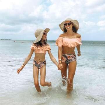 IFFEI Family Matching Swimsuits Two Pieces Leaves Printed Ruffles Bikini Set Off Shoulder Mommy and ...