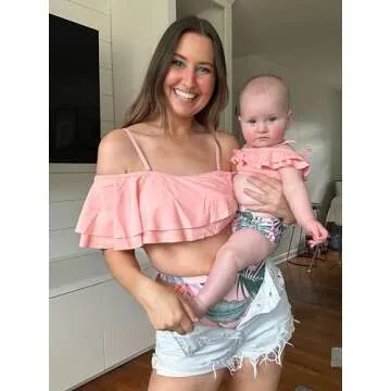 IFFEI Family Matching Swimsuits Two Pieces Leaves Printed Ruffles Bikini Set Off Shoulder Mommy and Me Bathing Suits Pink Women: L