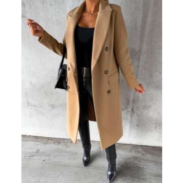 Winter Coats for Women 2024 Long Wool Tweed Trench Coat Peacoat Overcoat Ladies Cute Dress Blazer Jackets, Camel, XL