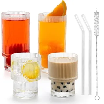 Swetwiny Ribbed Drinking Glasses, Origami Style Glass Cup Set of 4, Ripple Vintage Glassware for Coc...