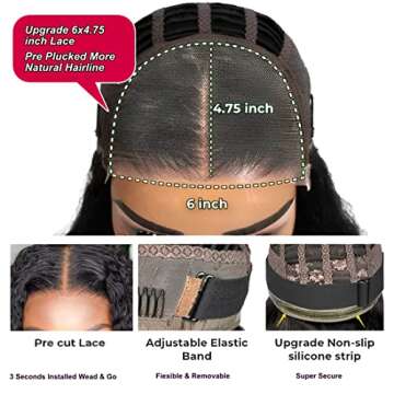 UNICE Pre cut Lace Wear Go Glueless Wig Water Wave Wig Human Hair 6x4.75 HD Lace Closure Wigs Pre Plucked Ready to Wear Beginners Wig for Women 18inch, Water Wave Wig Natural Black, 1 Count