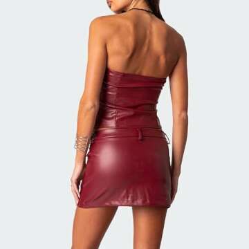 Women Y2k Leather Two Piece Mini Skirt Set Sexy Strapless Front Zipper Tube Tops Bodycon Mini Skirt Going Out Matching Outfit Pu Leather Wine red s