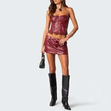Women Y2k Leather Two Piece Mini Skirt Set Sexy Strapless Front Zipper Tube Tops Bodycon Mini Skirt Going Out Matching Outfit Pu Leather Wine red s