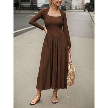 Mieazom Women's Long Sleeve Maxi Dress 2024 Fall Crewneck Knit Casual Solid Long Dress with Pockets Dark Brown S