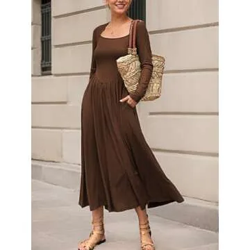 Mieazom Women's Long Sleeve Maxi Dress 2024 Fall Crewneck Knit Casual Solid Long Dress with Pockets Dark Brown S