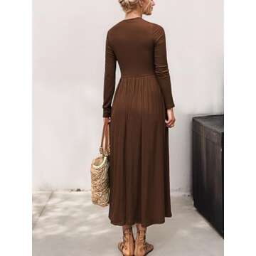Mieazom Women's Long Sleeve Maxi Dress 2024 Fall Crewneck Knit Casual Solid Long Dress with Pockets Dark Brown S