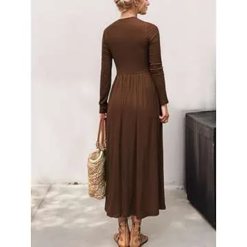 Mieazom Women's Long Sleeve Maxi Dress 2024 Fall Crewneck Knit Casual Solid Long Dress with Pockets Dark Brown S