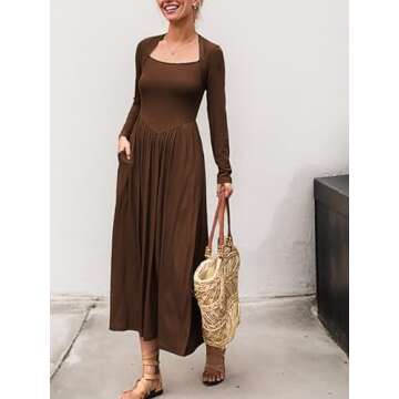 Mieazom Women's Long Sleeve Maxi Dress 2024 Fall Crewneck Knit Casual Solid Long Dress with Pockets Dark Brown S