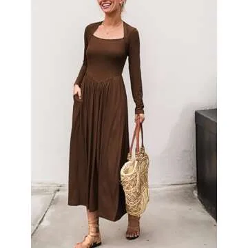 Mieazom Women's Long Sleeve Maxi Dress 2024 Fall Crewneck Knit Casual Solid Long Dress with Pockets Dark Brown S