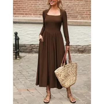 Mieazom Women's Long Sleeve Maxi Dress 2024 Fall Crewneck Knit Casual Solid Long Dress with Pockets Dark Brown S