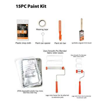 ROLLINGDOG 15PC Paint Brush Roller Kit with Essential Tools for DIY Projects