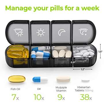 AUVON Weekly Pill Organizer 4 Times a Day, Large Daily Pill Box 7 Day Portable for Travel, Light-Proof Pill Case for Fish Oils, Vitamins, Supplements, Medication (Black)