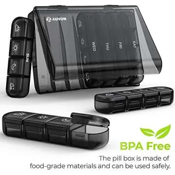 AUVON Weekly Pill Organizer 4 Times a Day, Large Daily Pill Box 7 Day Portable for Travel, Light-Proof Pill Case for Fish Oils, Vitamins, Supplements, Medication (Black)