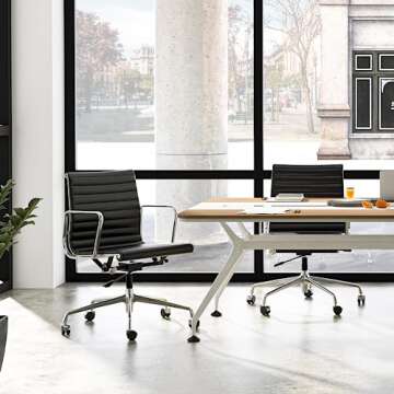 Ribbed Office Chair, Top Black Grain Leather, Mid Back, Swivel Chair Adjustable Ergonomic Computer Desk Chair with Aluminium Alloy Frame and Silent Nylon Wheels