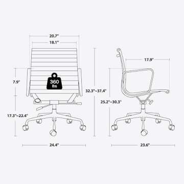 Ribbed Office Chair, Top Black Grain Leather, Mid Back, Swivel Chair Adjustable Ergonomic Computer Desk Chair with Aluminium Alloy Frame and Silent Nylon Wheels