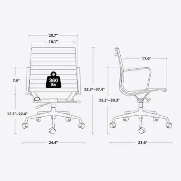 Ribbed Office Chair, Top Black Grain Leather, Mid Back, Swivel Chair Adjustable Ergonomic Computer Desk Chair with Aluminium Alloy Frame and Silent Nylon Wheels