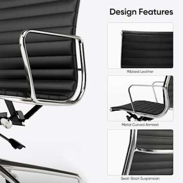Ribbed Office Chair, Top Black Grain Leather, Mid Back, Swivel Chair Adjustable Ergonomic Computer Desk Chair with Aluminium Alloy Frame and Silent Nylon Wheels