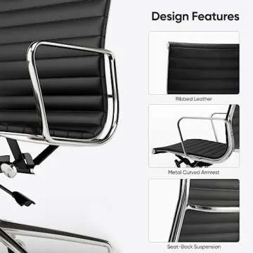 Ribbed Office Chair, Top Black Grain Leather, Mid Back, Swivel Chair Adjustable Ergonomic Computer Desk Chair with Aluminium Alloy Frame and Silent Nylon Wheels