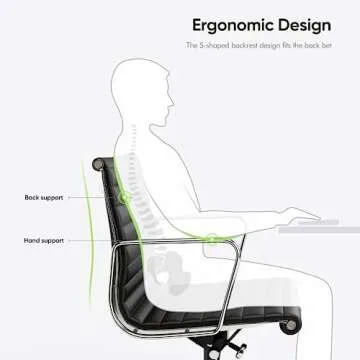 Ribbed Office Chair, Top Black Grain Leather, Mid Back, Swivel Chair Adjustable Ergonomic Computer Desk Chair with Aluminium Alloy Frame and Silent Nylon Wheels