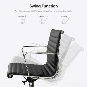 Ribbed Office Chair, Top Black Grain Leather, Mid Back, Swivel Chair Adjustable Ergonomic Computer Desk Chair with Aluminium Alloy Frame and Silent Nylon Wheels