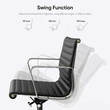 Ribbed Office Chair, Top Black Grain Leather, Mid Back, Swivel Chair Adjustable Ergonomic Computer Desk Chair with Aluminium Alloy Frame and Silent Nylon Wheels