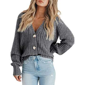 PRETTYGARDEN Women's Short Cardigan Sweaters V Neck Button-Down Long Sleeve Oversized Chunky Knit Ca...