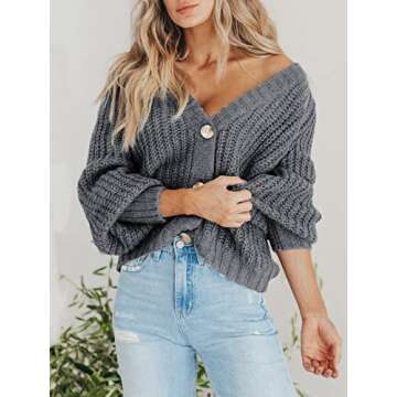 PRETTYGARDEN Women's Short Cardigan Sweaters V Neck Button-Down Long Sleeve Oversized Chunky Knit Cardigans (Grey,Medium)