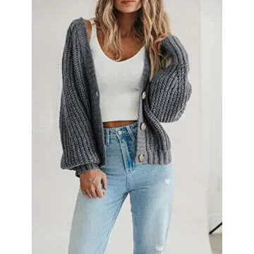 PRETTYGARDEN Women's Short Cardigan Sweaters V Neck Button-Down Long Sleeve Oversized Chunky Knit Cardigans (Grey,Medium)