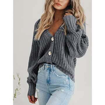 PRETTYGARDEN Women's Short Cardigan Sweaters V Neck Button-Down Long Sleeve Oversized Chunky Knit Cardigans (Grey,Medium)