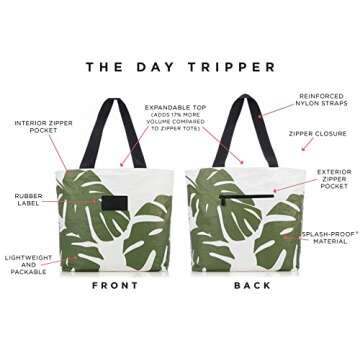 ALOHA Collection Monstera Day Tripper Tote in Seaweed | Lightweight, Packable, and Splash-Proof Beach Tote Bag | Easy to Clean