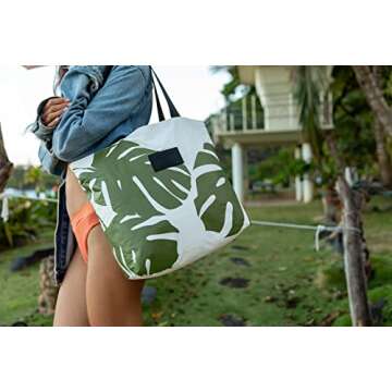 ALOHA Collection Monstera Day Tripper Tote in Seaweed | Lightweight, Packable, and Splash-Proof Beach Tote Bag | Easy to Clean