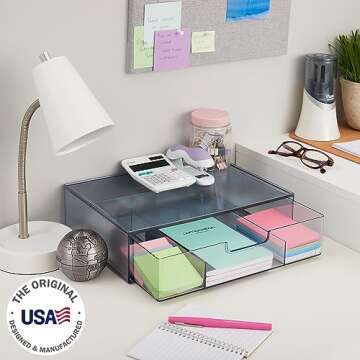 STORi STAX Plastic Stackable Divided 3-Compartment Organizer Drawer in Classic Grey | 12.5-inches Wide | Organize Office Desk Accessories and Sort Letter-Size Paper | Made in USA
