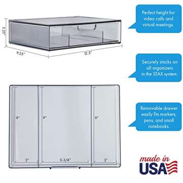 STORi STAX Plastic Stackable Divided 3-Compartment Organizer Drawer in Classic Grey | 12.5-inches Wide | Organize Office Desk Accessories and Sort Letter-Size Paper | Made in USA