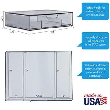 STORi STAX Plastic Stackable Divided 3-Compartment Organizer Drawer in Classic Grey | 12.5-inches Wide | Organize Office Desk Accessories and Sort Letter-Size Paper | Made in USA