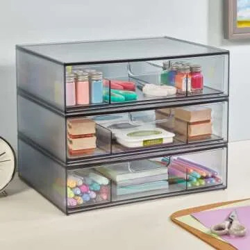 STORi STAX Plastic Stackable Divided 3-Compartment Organizer Drawer in Classic Grey | 12.5-inches Wide | Organize Office Desk Accessories and Sort Letter-Size Paper | Made in USA