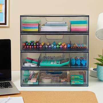 STORi STAX Plastic Stackable Divided 3-Compartment Organizer Drawer in Classic Grey | 12.5-inches Wide | Organize Office Desk Accessories and Sort Letter-Size Paper | Made in USA