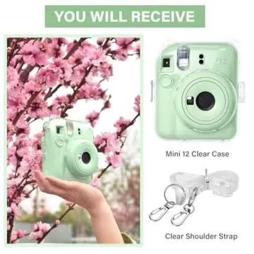 Rieibi Clear Case Compatible with Fuji Instax Mini 12, Hard Carrying Case Bag for Fujifilm Instax Mini 12 Instant Camera, PC Cover with Photo Storage Pocket & Shoulder Strap
