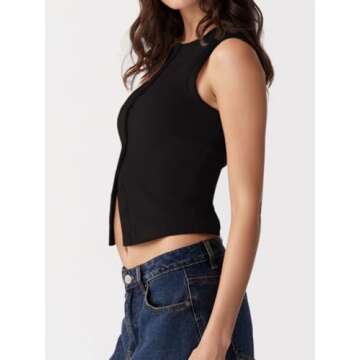 FIGKICKSEN Women’s Button Down Tank Tops Ribbed Summer Vest Button Up Open Front Sleeveless Slim Fit Crop Going Out Tops