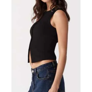 FIGKICKSEN Women’s Button Down Tank Tops Ribbed Summer Vest Button Up Open Front Sleeveless Slim Fit Crop Going Out Tops