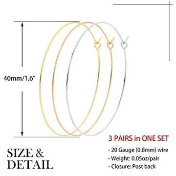 3 Pairs 40mm Wire Thin Hoop Earrings Set 18k Gold Silver Rose Gold Plated on Stainless Steel 1.6 inch Simple Hoops Earring Minimalist Jewelry for Women
