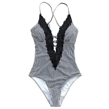 CUPSHE Women's Wish You Well Lace One-Piece Swimsuit Beach Swimwear Bathing Suit (L) Black White