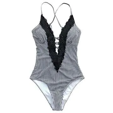CUPSHE Women's Wish You Well Lace One-Piece Swimsuit Beach Swimwear Bathing Suit (L) Black White