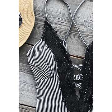 CUPSHE Women's Wish You Well Lace One-Piece Swimsuit Beach Swimwear Bathing Suit (L) Black White